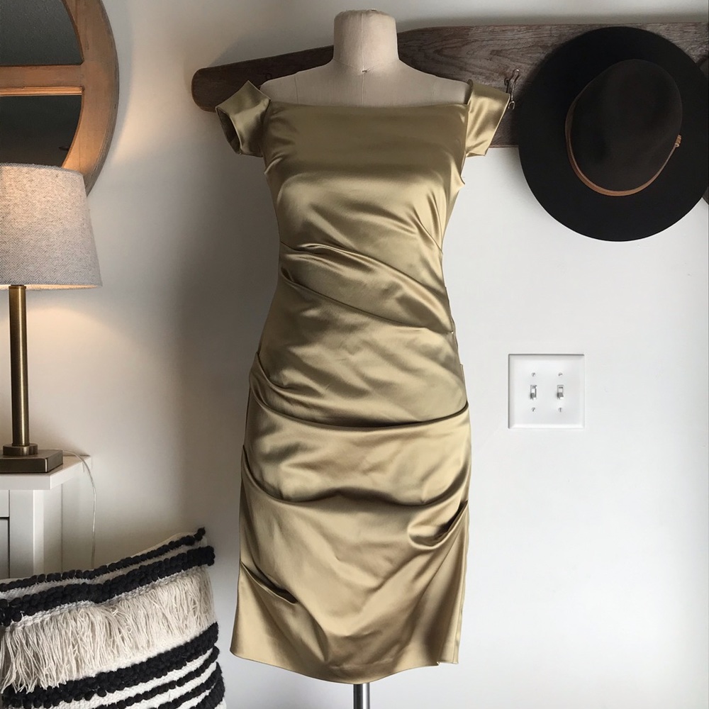 Nicole Miller | Gold Ruched Evening Cocktail Dress